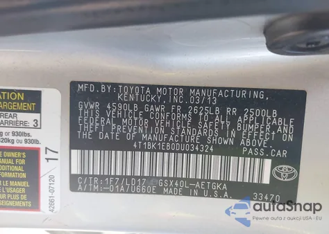 2013 Toyota Avalon Xle from USA, damaged, VIN 4T1BK1EB0DU034324
